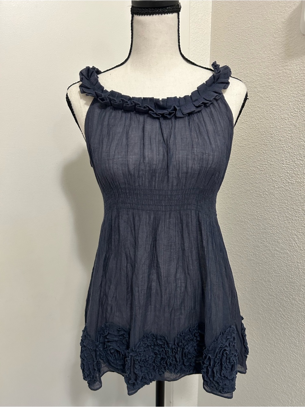 Y2K Gray Ruffle Neck Babydoll Top with Rosette Trim Size Small Fairy Coquette